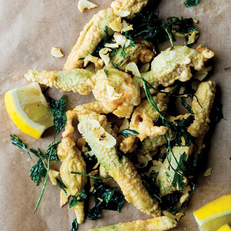 Fried Squash Blossoms with Garlic and Parsley recipe from Full Moon Suppers by Annemarie Ahearn