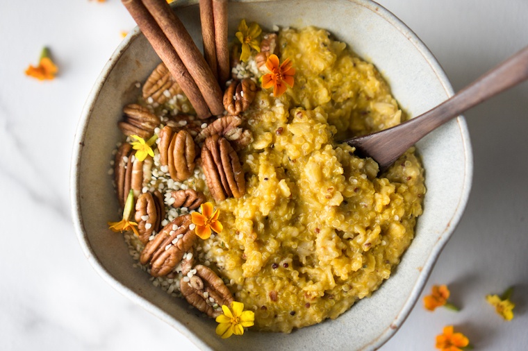 This turmeric pumpkin quinoa oatmeal is the perfect post-Thanksgiving breakfast