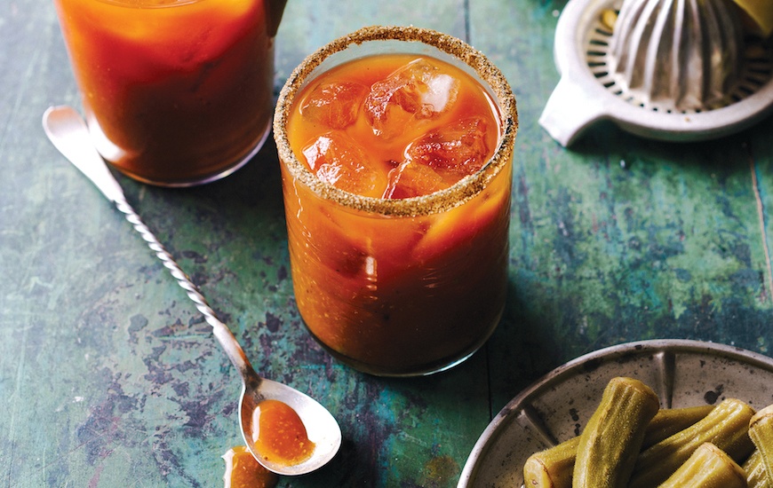 spicy bloody mary with pickled okra