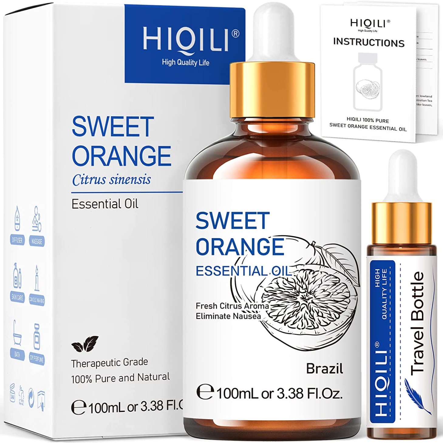 A bottle of Hiqili Orange Essential Oil.