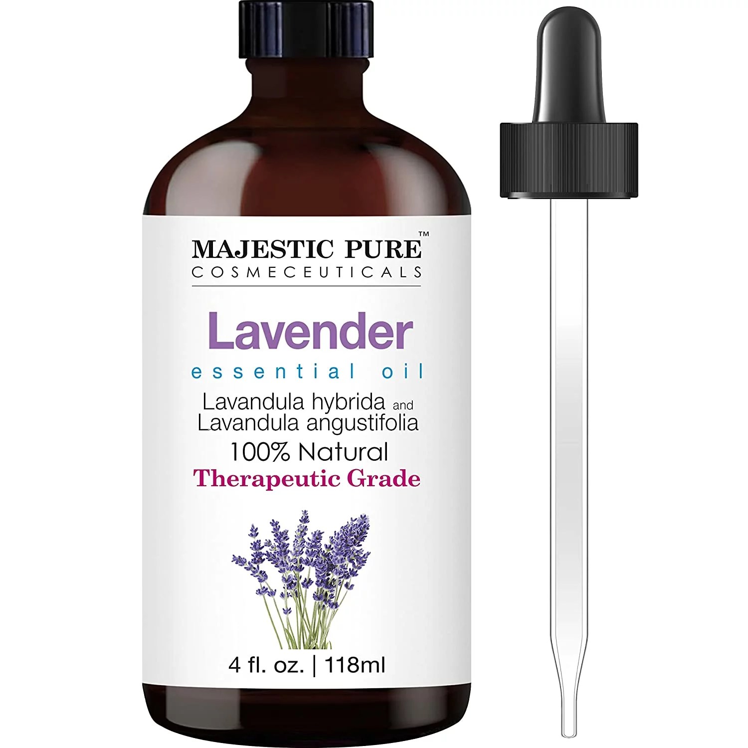 A bottle of Majestic Pure Lavender Essential Oil.