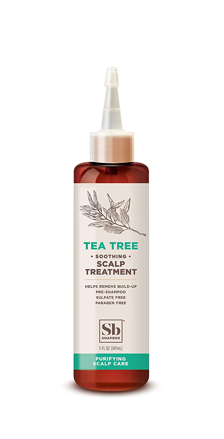 A bottle of Soapbox Soothing Tea Tree Scalp Treatment.