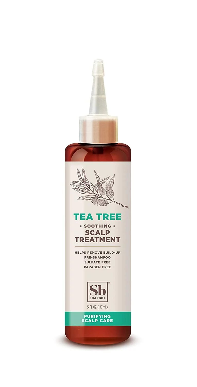 A bottle of Soapbox Soothing Tea Tree Scalp Treatment.