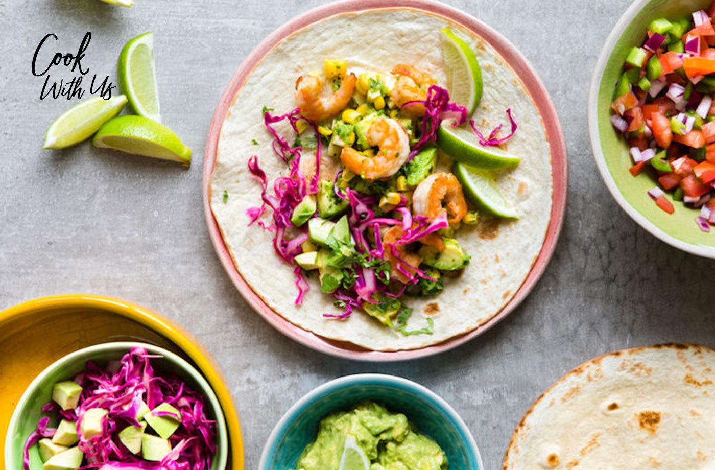 dinner meal plan shrimp tacos with salsa and cabbage on tortilla