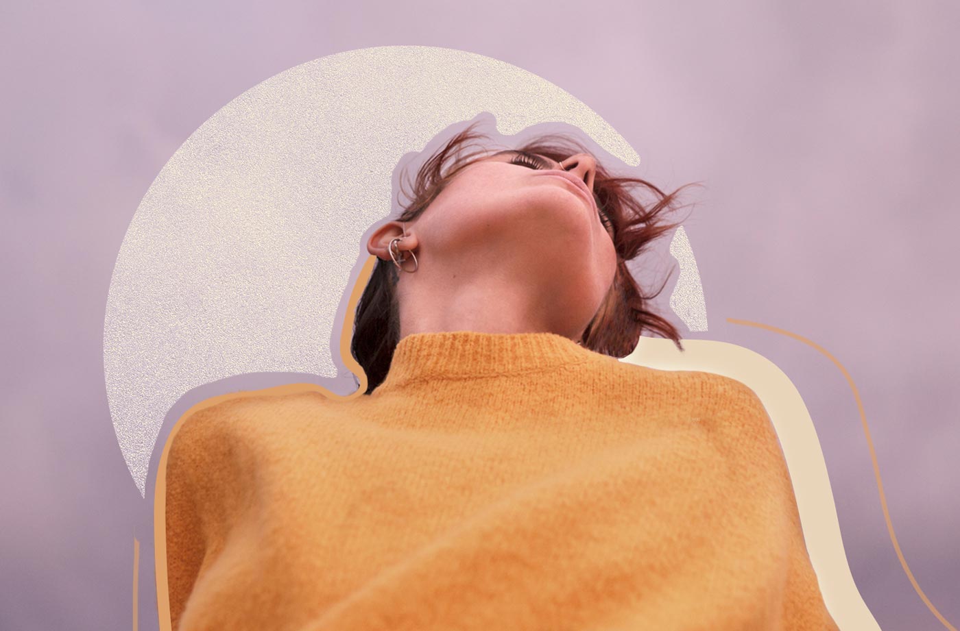 A woman in an orange sweater lies down and is set against a purple and white background.
