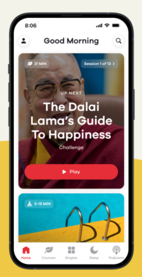 A screenshot of a meditation app featuring a photo of the Dalai Lama