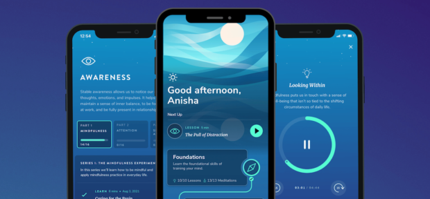 Three soothing meditation app screens against a deep purple background.