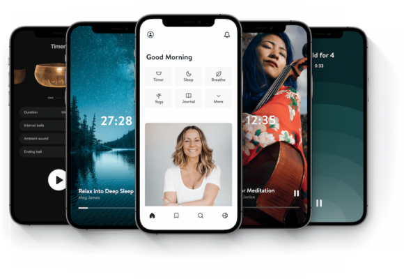 Five phone screens depicting a meditation app with guided meditation tracks, a calendar, and music.