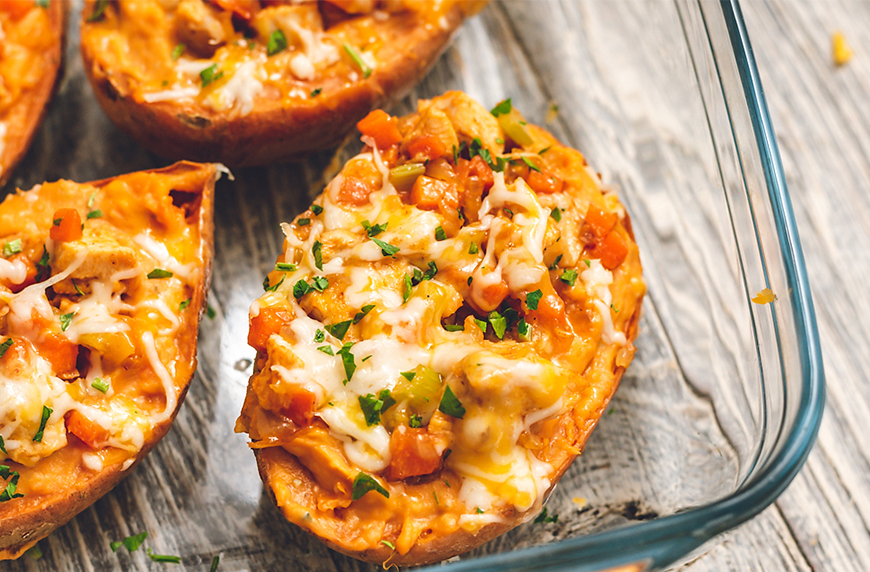Twice-Baked Buffalo Chicken Sweet Potatoes, easy freeze and reheat meals