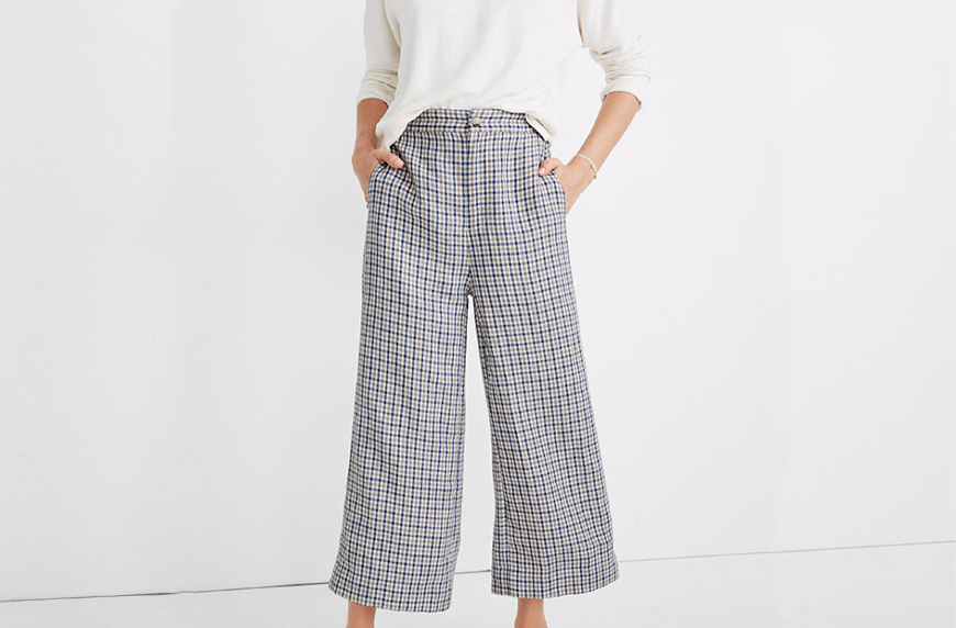 Madewell Linen Huston Button-Front Crop Pants in Check