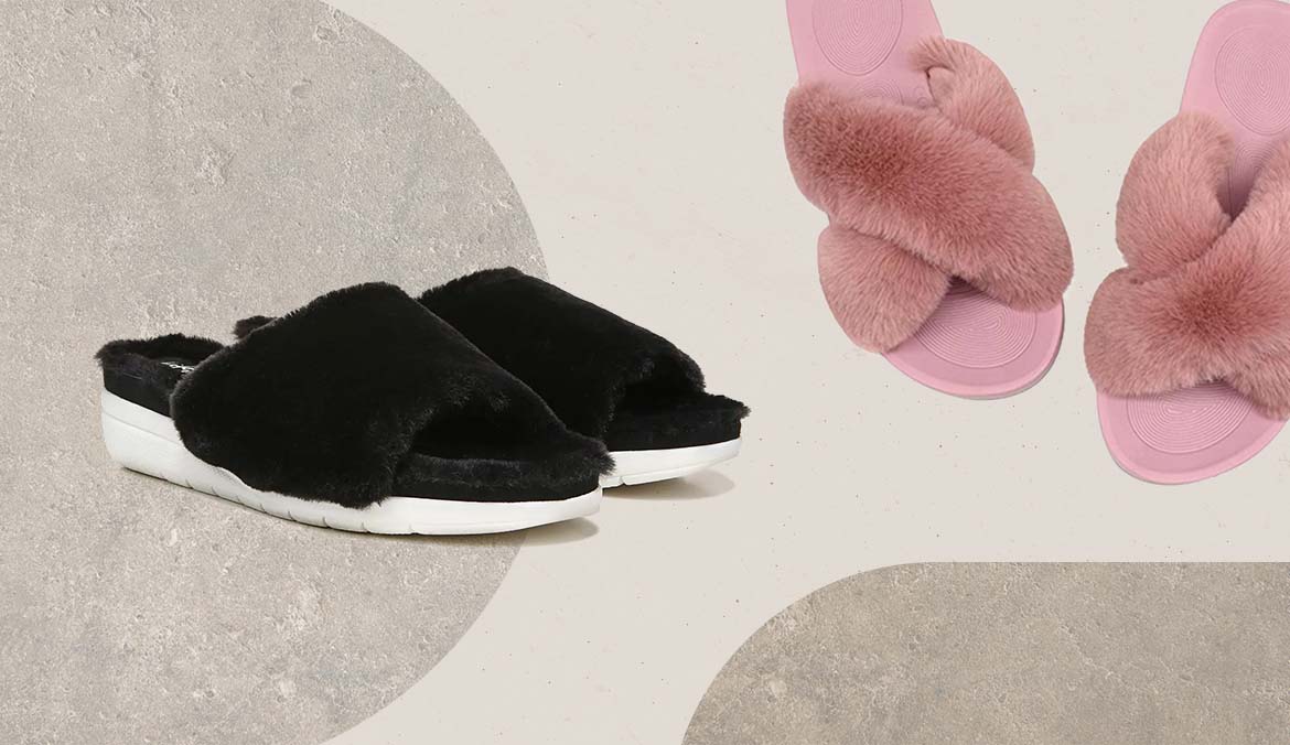 Two pairs of women's fuzzy slippers with arch support.