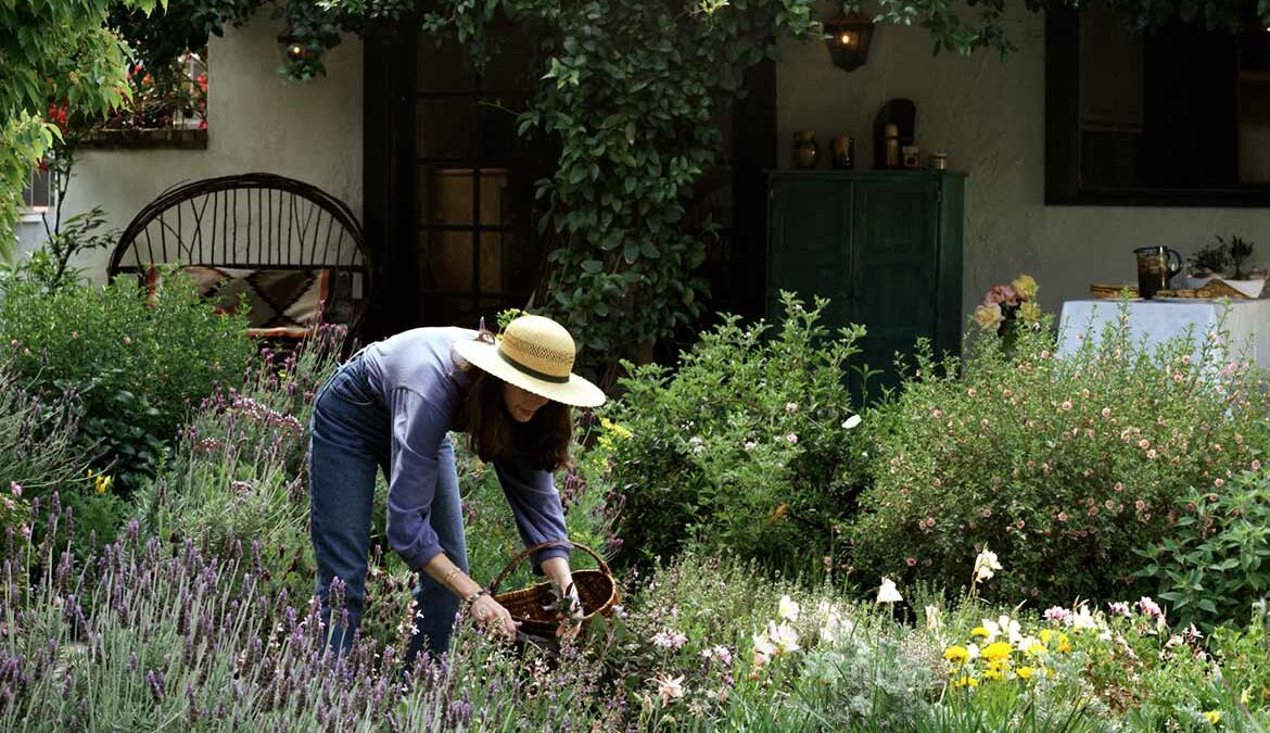A gardener bends down to tend to perennial flowers while wearing a wide brim gardening hat and overalls.