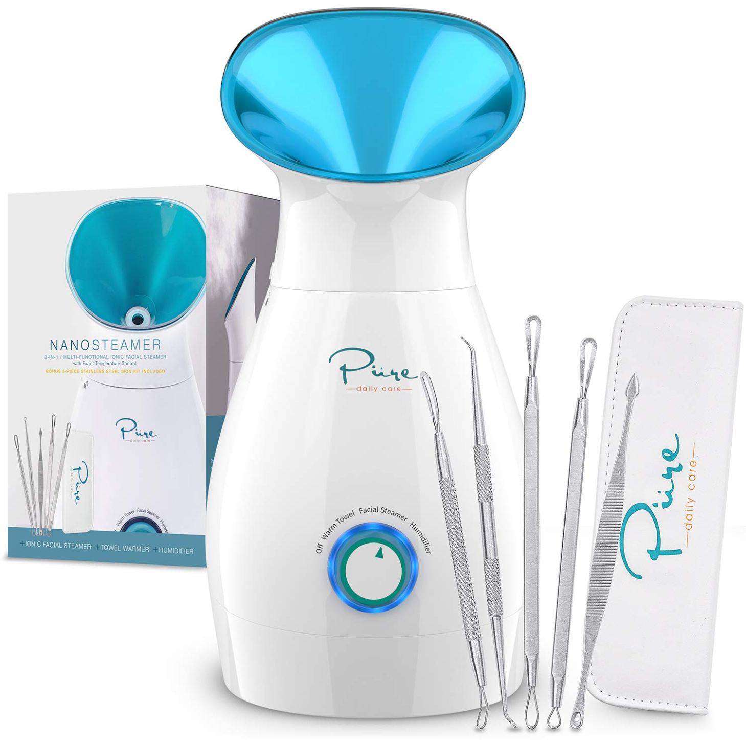 A blue pure daily care nano facial steamer and included stainless steel extraction tools