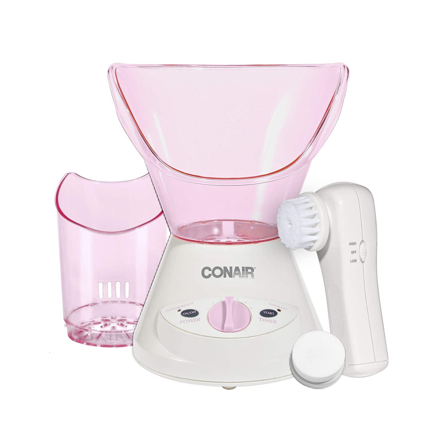 A pink conair facial steamer with an included facial cleansing brush and nasal steamer