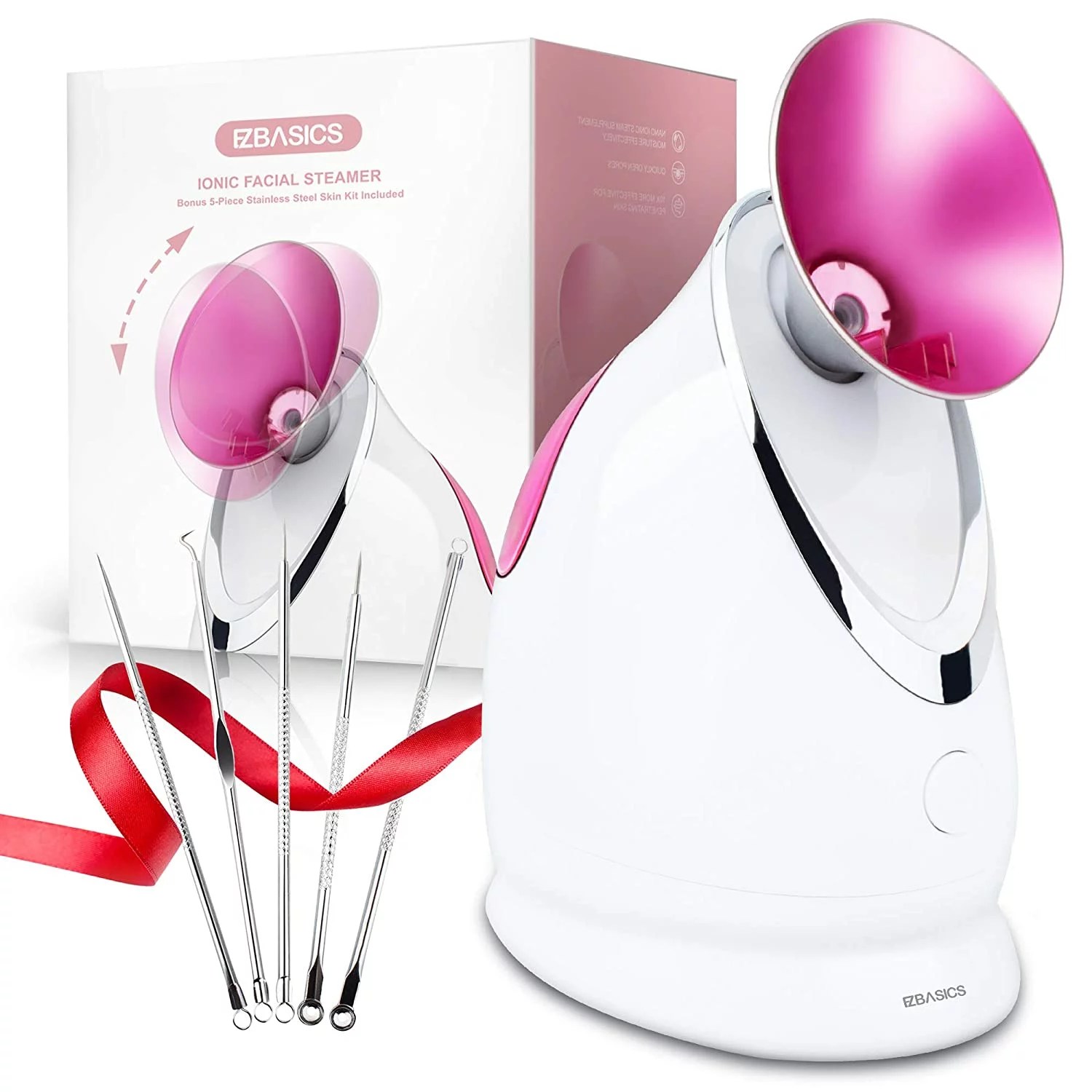 EZBASICS facial steamer in pink, with included extraction tools