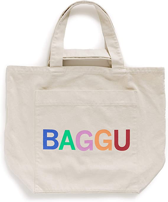 white baggu tote with colorful logo