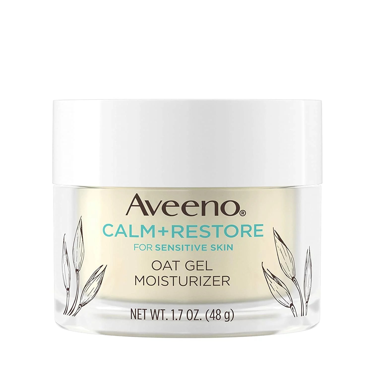 A jar of aveeno calm and restore oat gel moisturizers dry skin