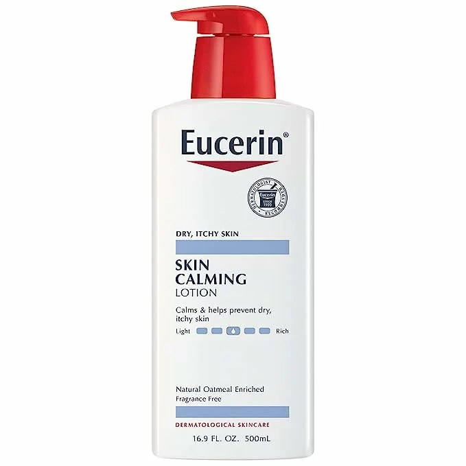 A pump bottle of eucerin skin calming lotion moisturizers for dry skin