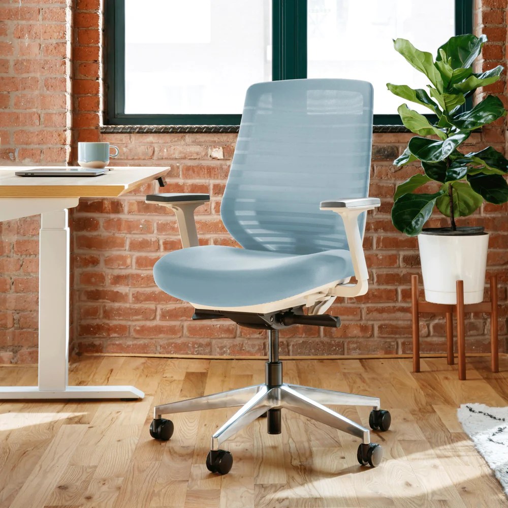 blue branch ergonomic chair next to a beige desk