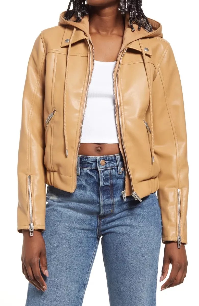 Faux Leather Bomber Jacket with Removable Hood
