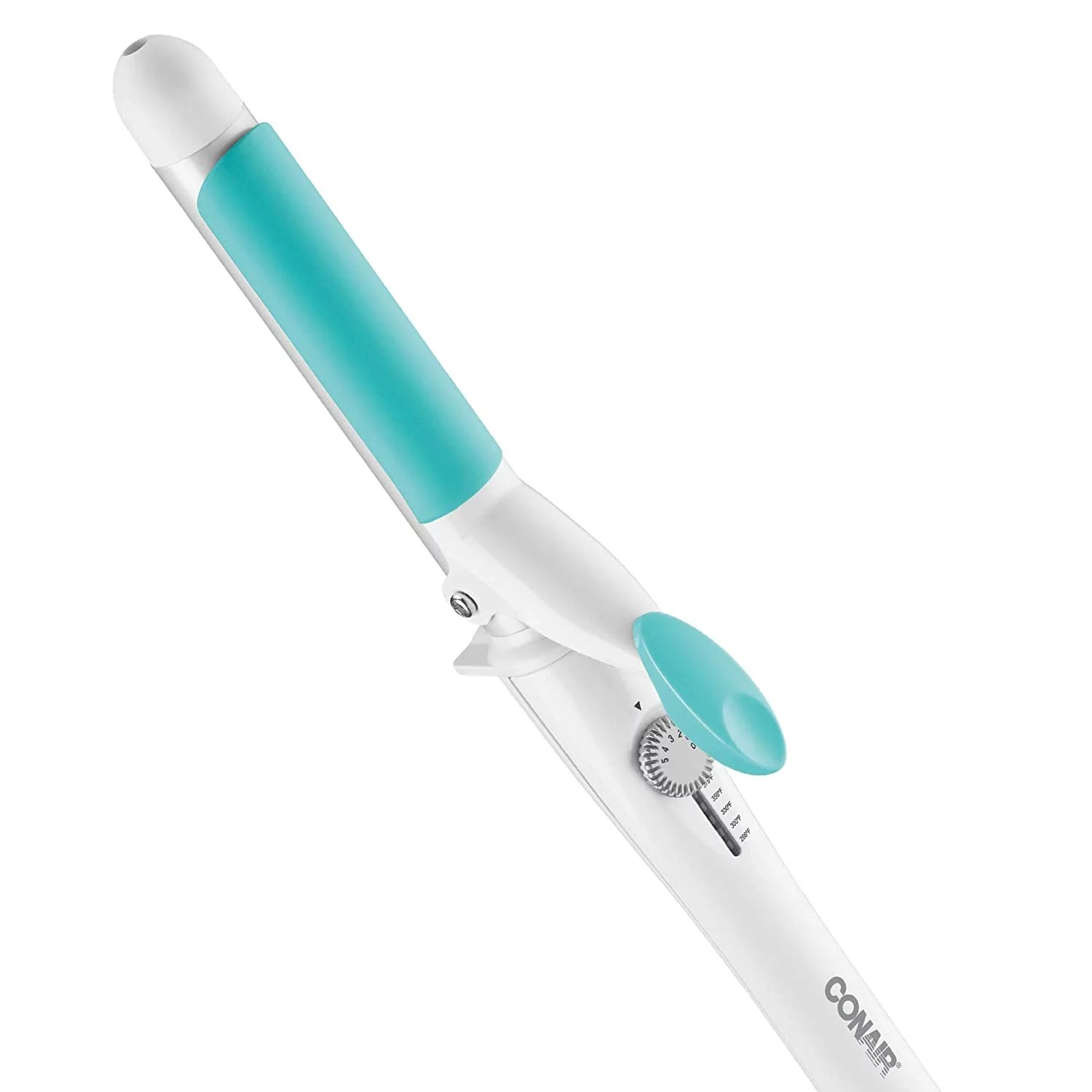 white Conair OhSoKind For Fine Hair Curling Iron with white and teal barrel