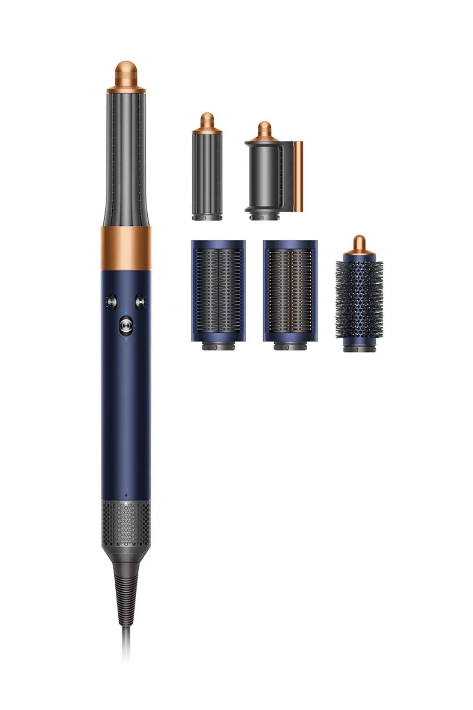 blue and copper dyson airwrap with 5 attachments