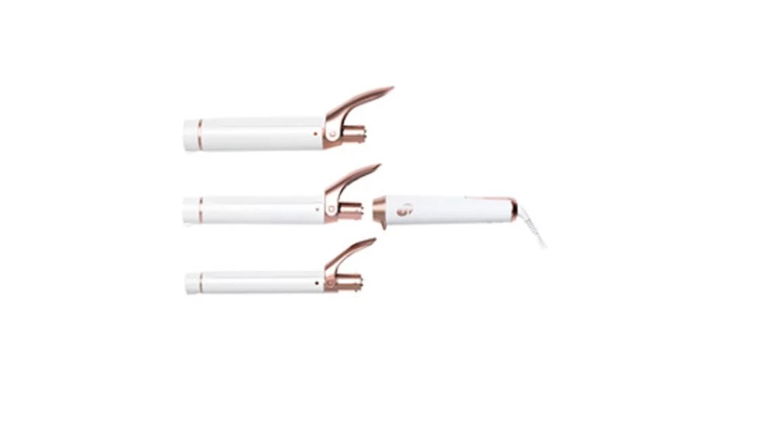 white T3 Twirl Convertible Curling Iron with 2 additional attachments and rose gold highlights