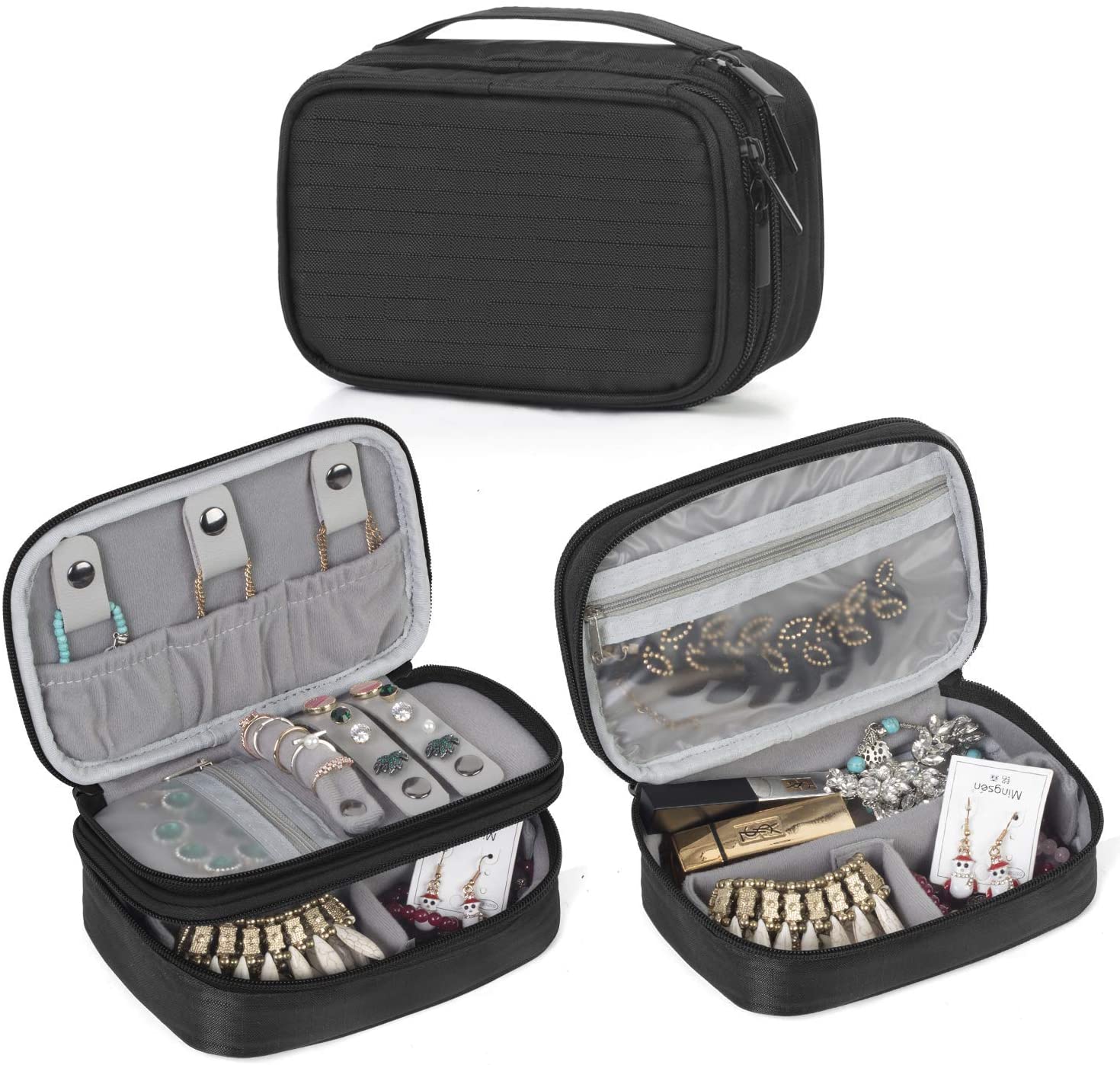 Black Portable Leather Storage Travel Jewelry Organizer Case Foldable Pouch 