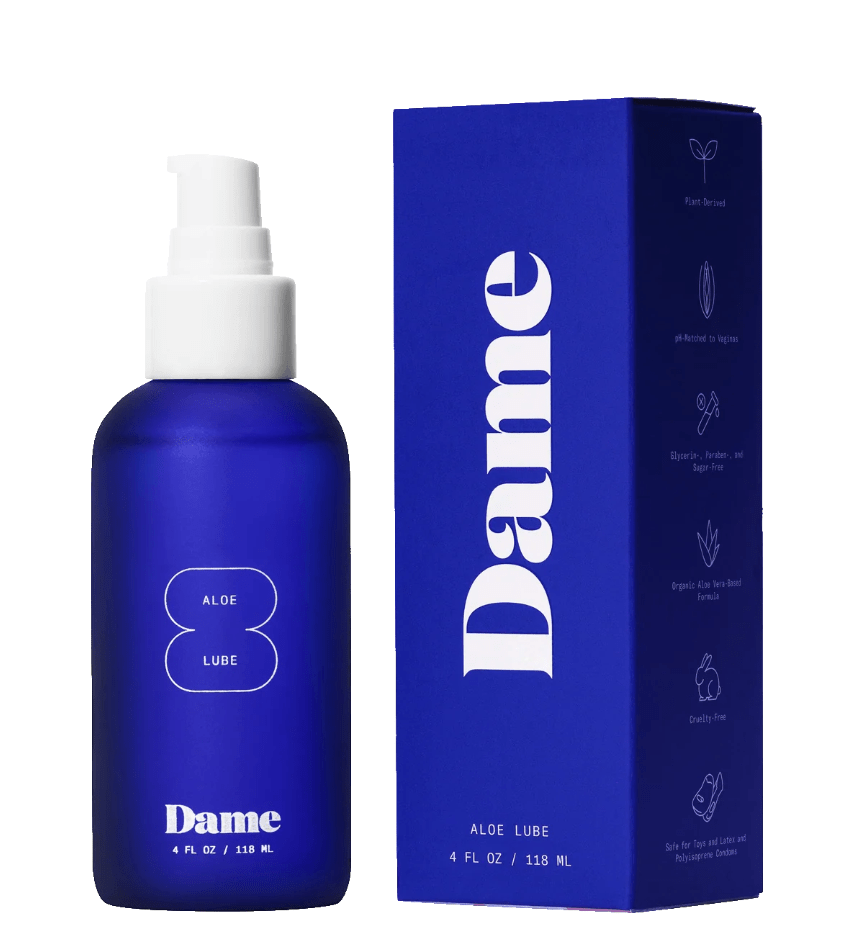 Dame Aloe Lube in blue bottle