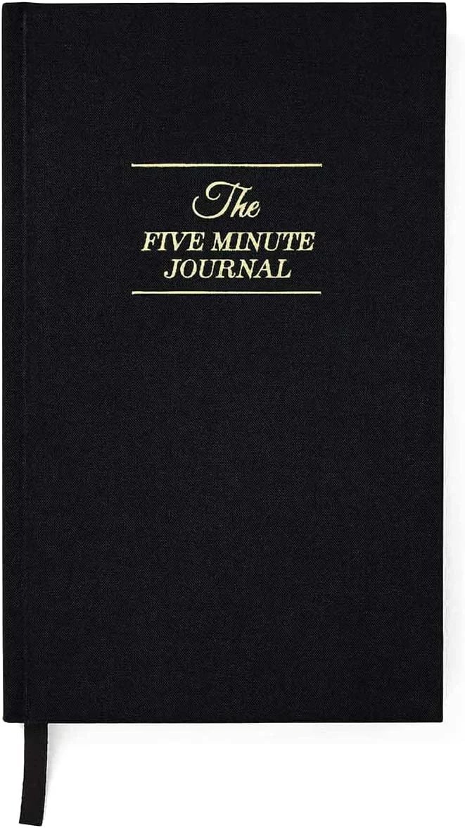 five minute journal gratitude journal in black on a white background