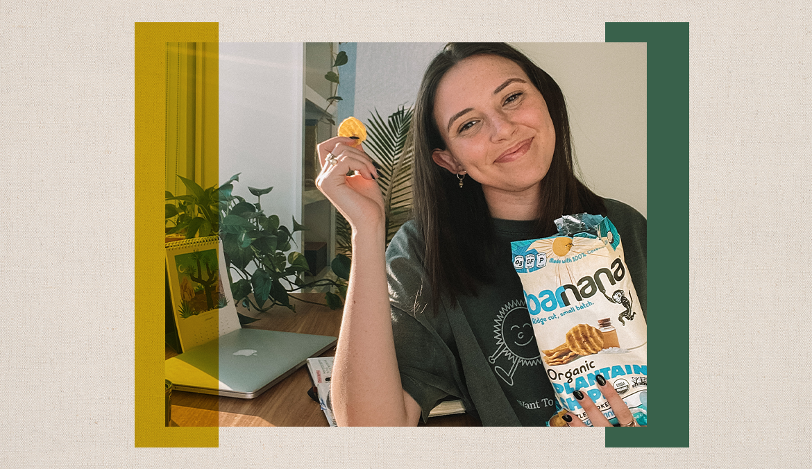 woman practicing planet-friendly habits with organic barnana plantain chips