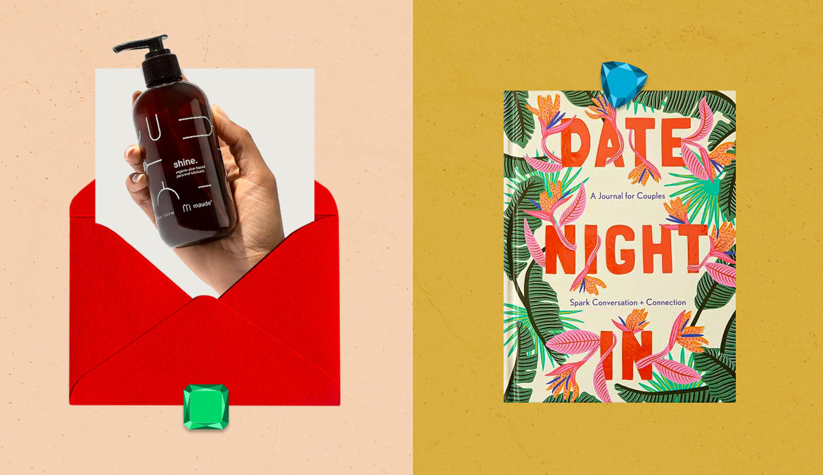 valentine's day gifts approved by a relationship therapist, maude lube on the left and a date night in book on the right