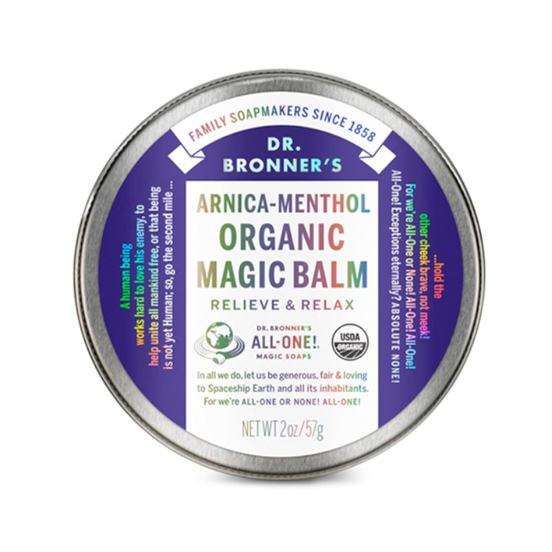 a tin of dr bronners magic balm, one of the best muscle rubs