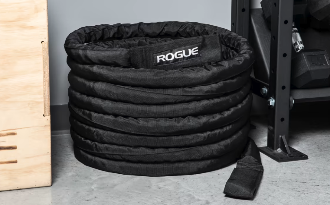 rogue fitness battle rope coiled up