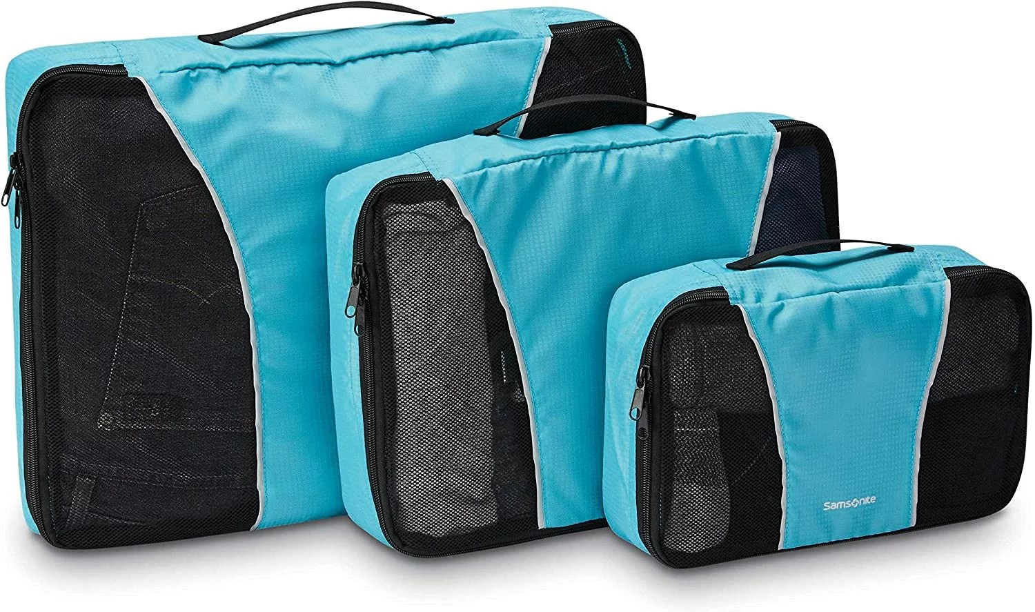 photo of three turquoise blue packing cubes