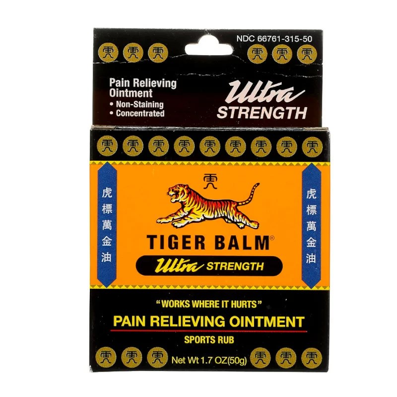 a package of tiger balm pain relieving ointment, one of the best muscle rubs
