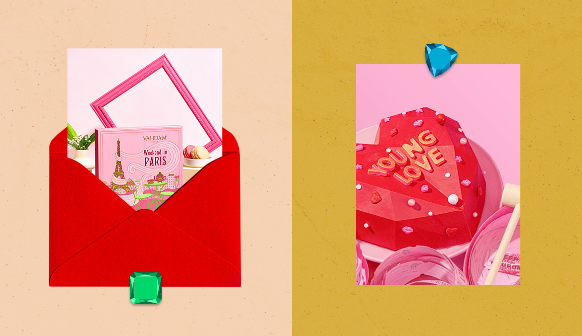 tea in envelope on left hand side and photo of candy heart on right