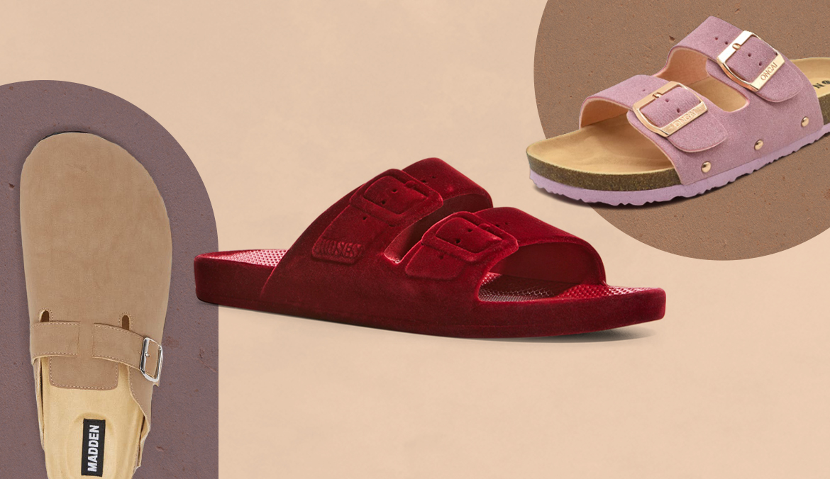 Birkenstock dupe clog on left and and two strappy sandals on right