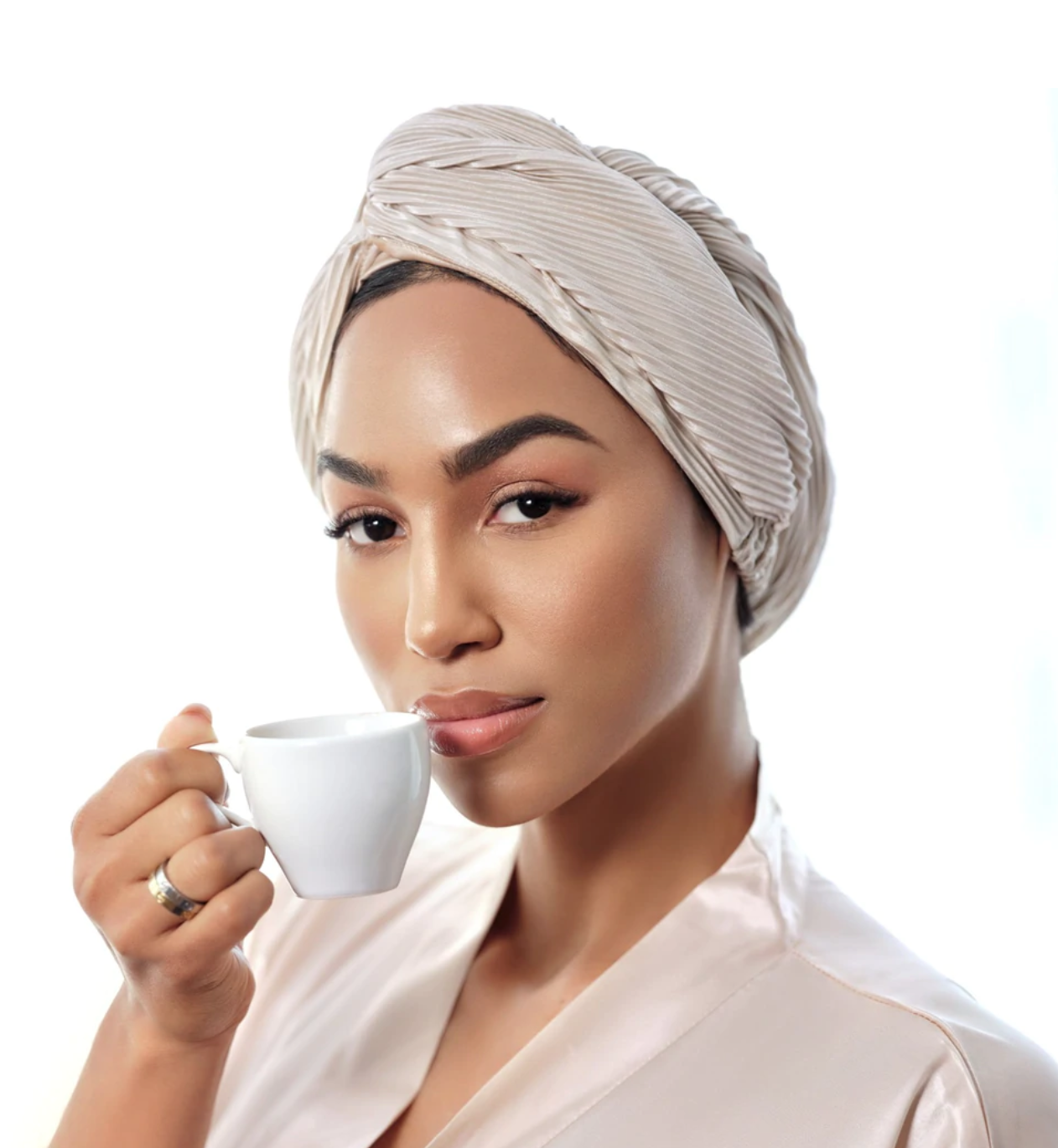 YGN Champagne Pleated Sleep Turban, how to straighten hair without damaging curls