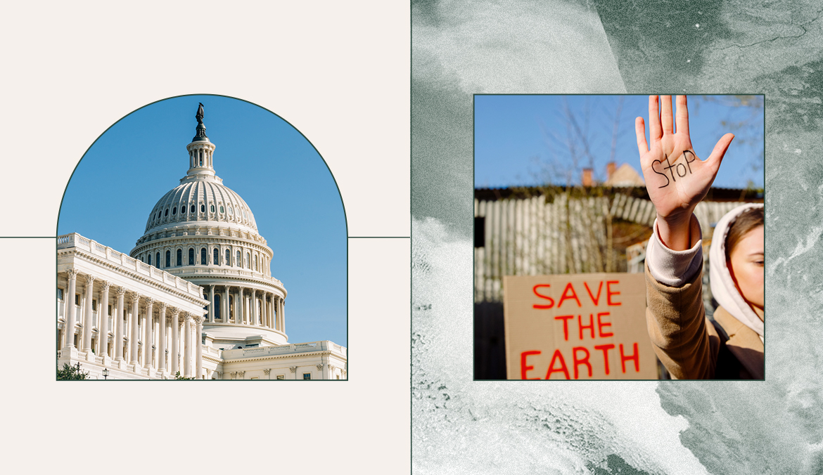 Images of the US Capitol Building and an individual protesting to mitigate climate change damage