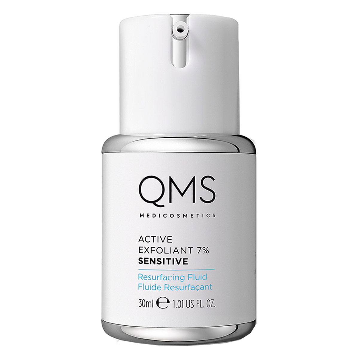 a bottle of qms active exfoliant seven percent exfoliator for sensitive skin