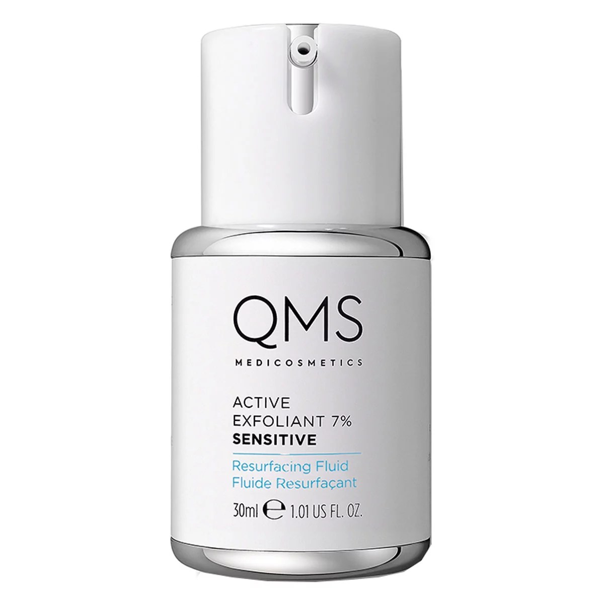a bottle of qms active exfoliant seven percent exfoliator for sensitive skin