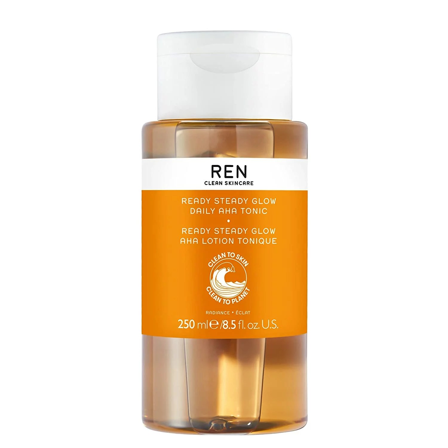 A bottle of ren ready steady glow tonic exfoliator for sensitive skin