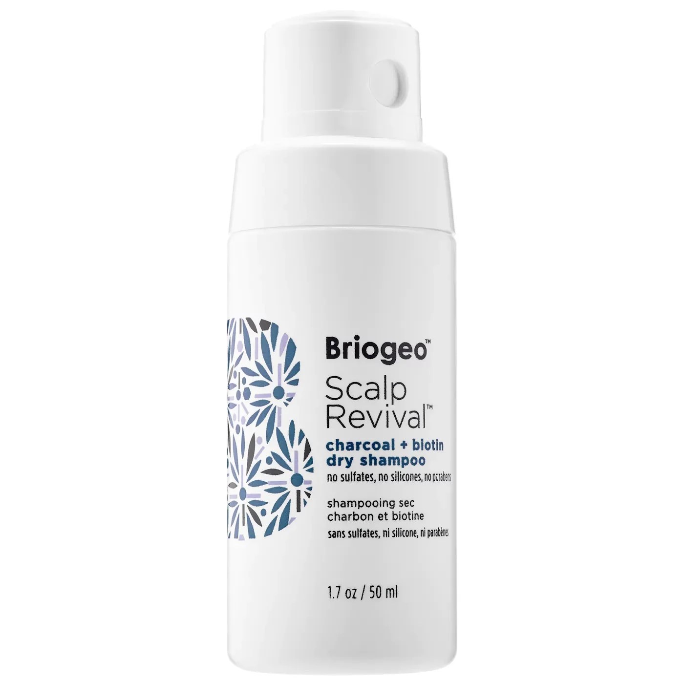 A bottle of Briogeo Scalp Revival Charcoal + Biotin Dry Shampoo.