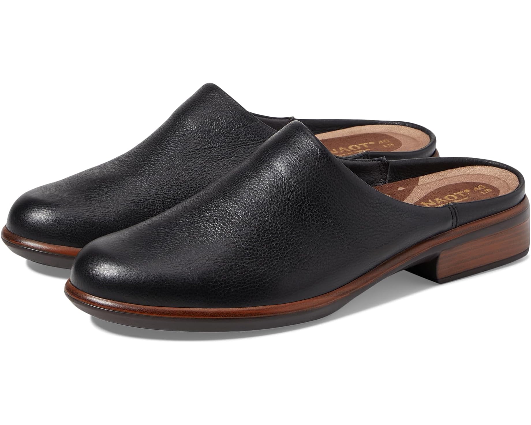 a black pair of naot lodos mules with arch support
