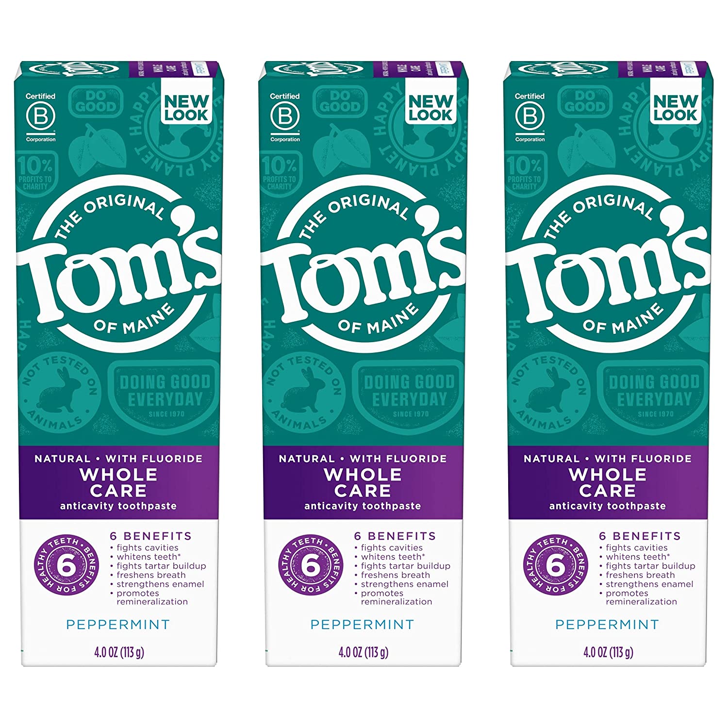 Tom's of Maine, Whole Care Natural Peppermint Toothpaste with Fluoride 3-Pack