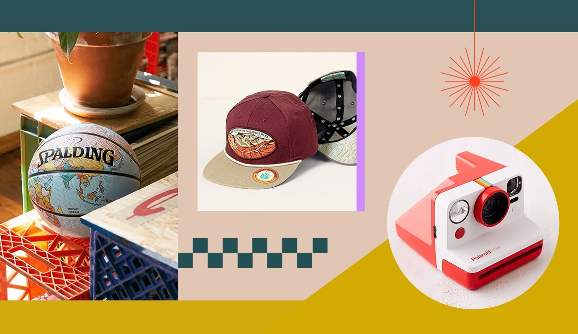 A globe basketball, national park hats, and polaroid camera, best gifts for teen boys
