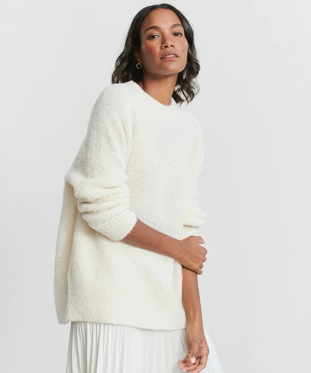 a white jenni kayne alpaca boucle cocoon crewneck sweater