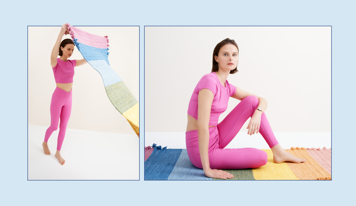 collage of woman wearing pink investment activewear set sitting on and lifting up a rainbow blanket
