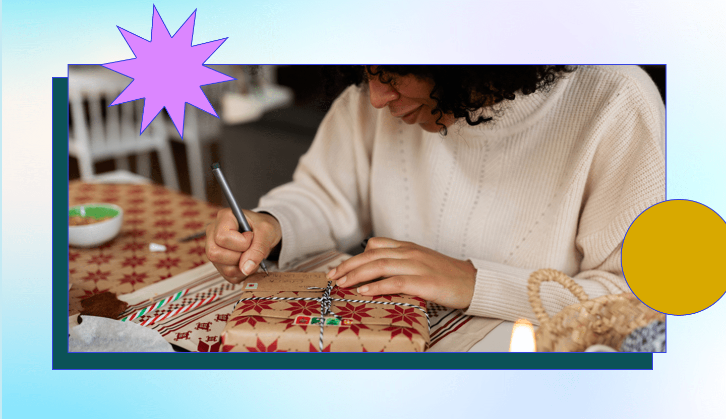 woman writing on a card attached to a holiday affordable wellness gift